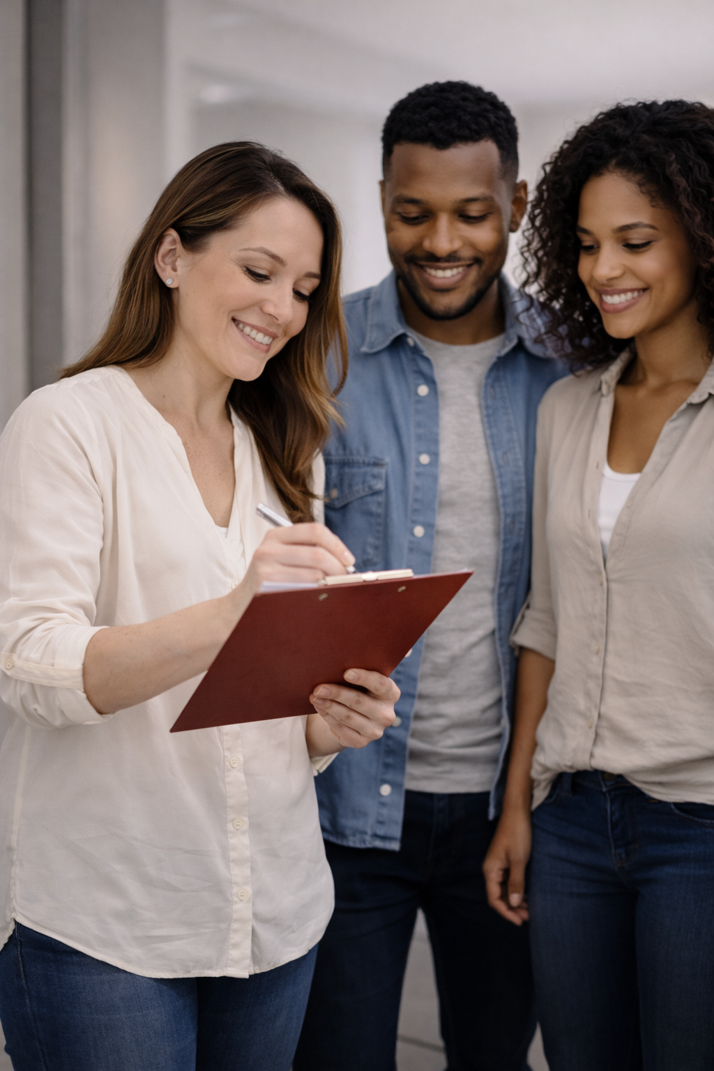 Property management professional organizing lease documents and tenant records at an office desk