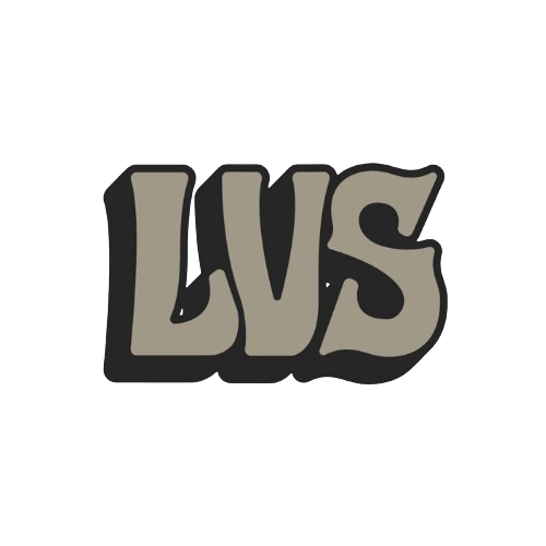 The word "LVS" in bold, stylized, gray letters with a black outline on a black background.