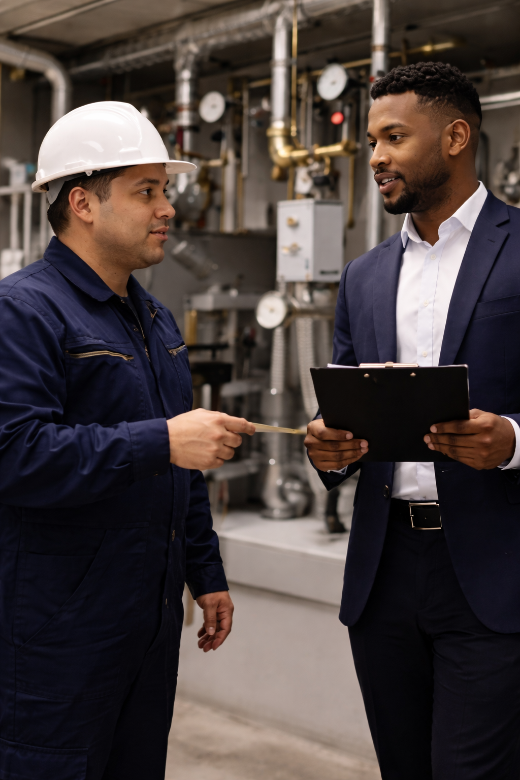 Property manager reviewing inspection checklist and floor plans inside a residential property