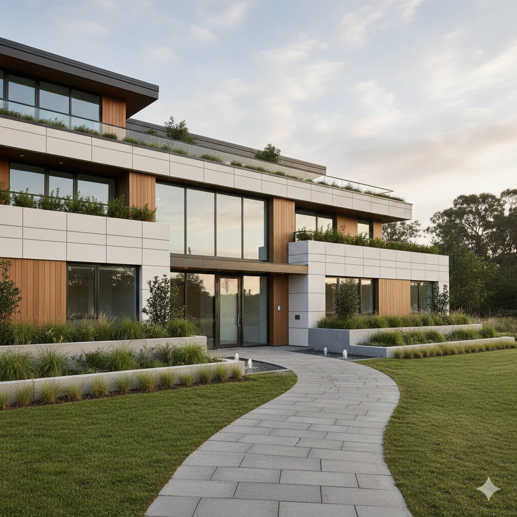 Modern multi-unit residential property exterior, representing professional property management services