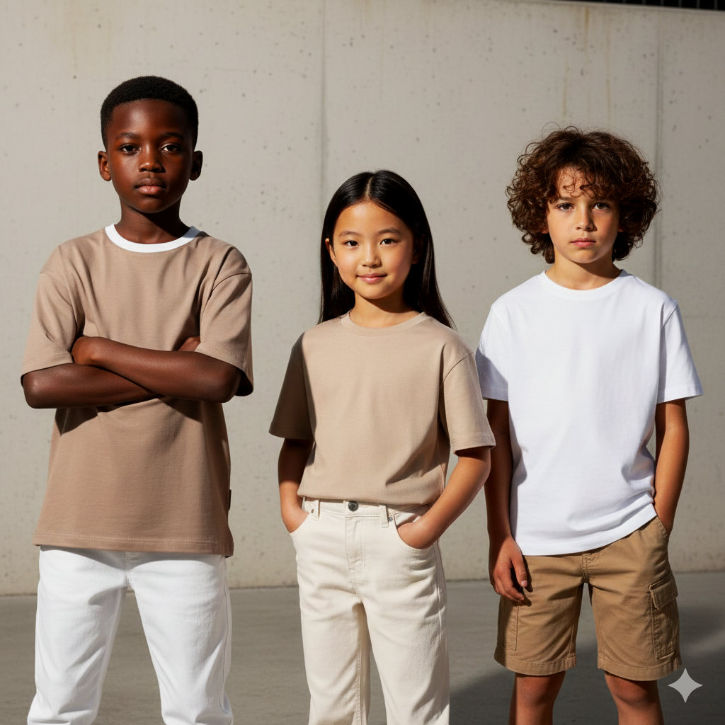 Three children standing outdoors against a gray wall, looking at the camera. The child on the left is a boy with dark skin, wearing a beige T-shirt and white pants, with arms crossed. The child in the middle is a girl with long black hair, wearing a beige T-shirt and light-colored pants, with hands in pockets. The child on the right is a boy with curly brown hair, wearing a white T-shirt and khaki shorts, with hands in pockets.
