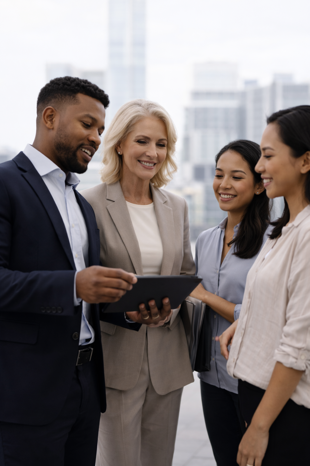 Four diverse business professionals, two women and two men, standing outdoors in a city, looking at a tablet and smiling.