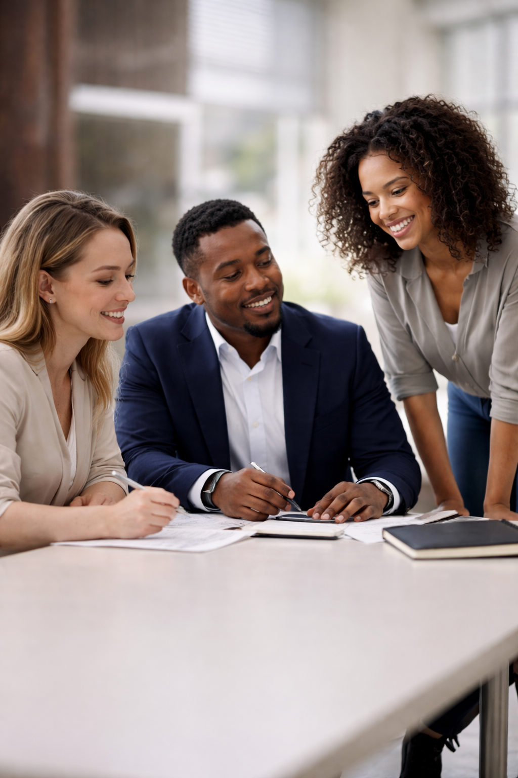 Three people engaged in a business discussion at a table, smiling and looking at documents. One woman is writing, and another woman is leaning over to look at papers with a man in a suit.