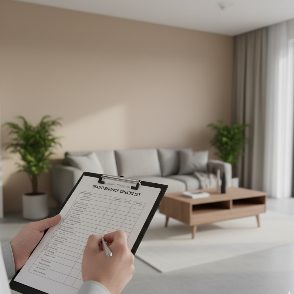 Property inspection checklist being completed in a residential unit, illustrating proactive property operations and maintenance oversight