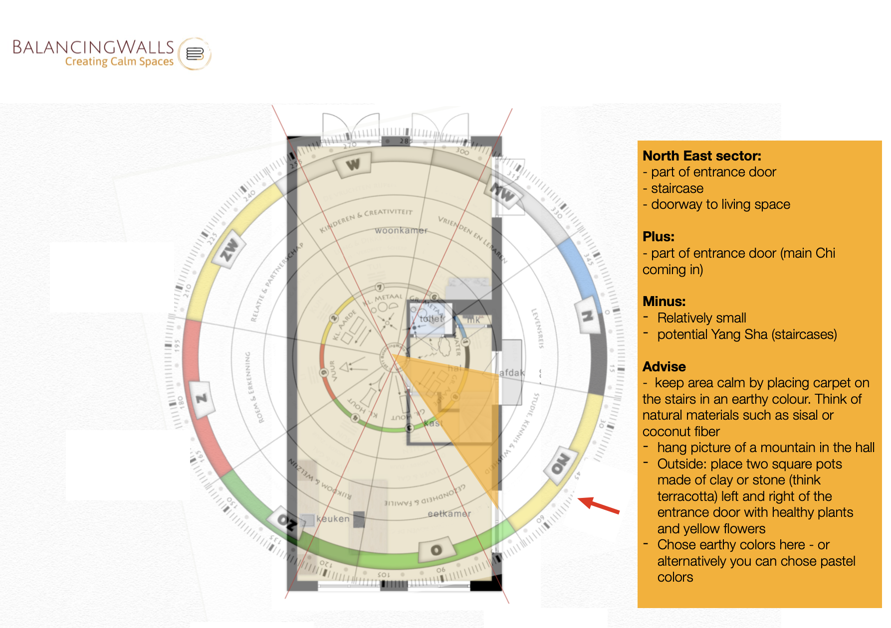 Floor plan with Feng Shui Bagua / Lo Pan / Luo Pan, focussing on the North East sector of Yang Earth. Feng Shui advise for homebuyers