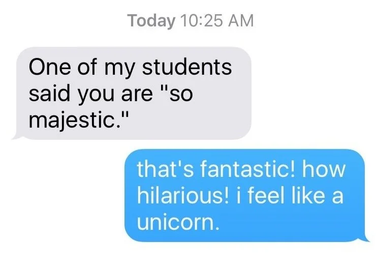 A text message conversation showing a message at 10:25 AM with a gray background that says, 'One of my students said you are 'so majestic,' and a blue background reply that says, 'that's fantastic! how hilarious! i feel like a unicorn.'