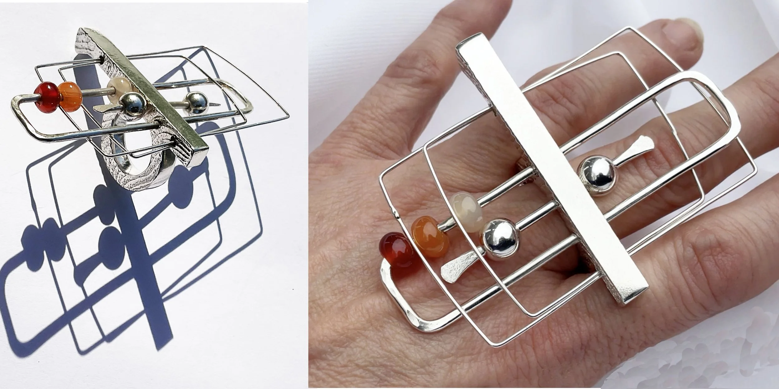 kinetic ring with carnelian beads and cast cuttlebone elements