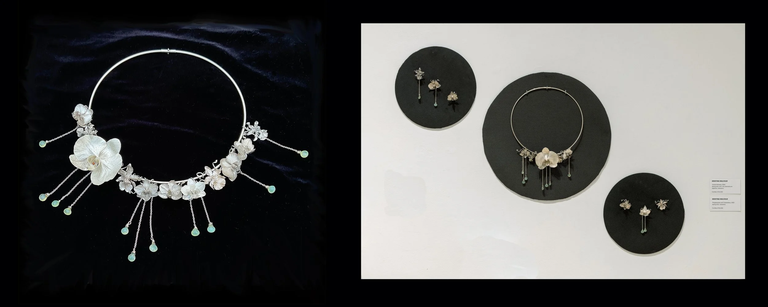 Jewelry display with silver orchid necklace with components, featuring dangling bead accents, photographed against black and white backgrounds.