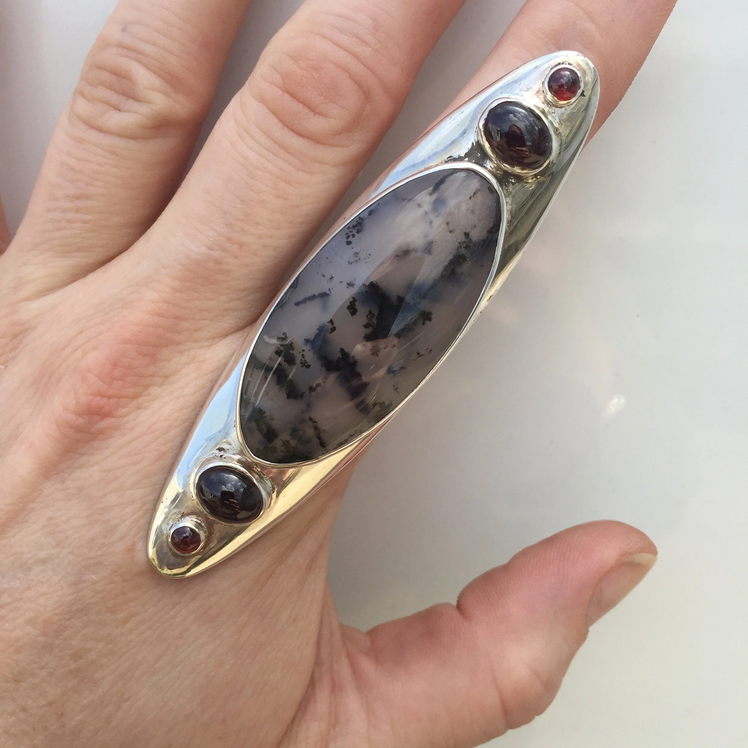 Black Magic | Dendritic Agate & Garnet Sterling silver statement ring, size 9. One-of-a-kind.