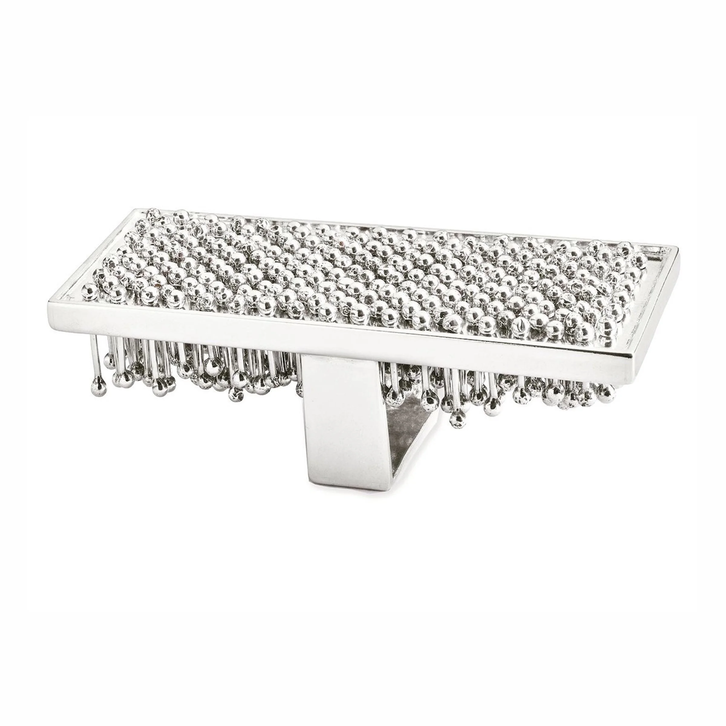 A silver kinetic ring with a rectangular top covered in small shiny metal balls and hanging metal beads underneath.