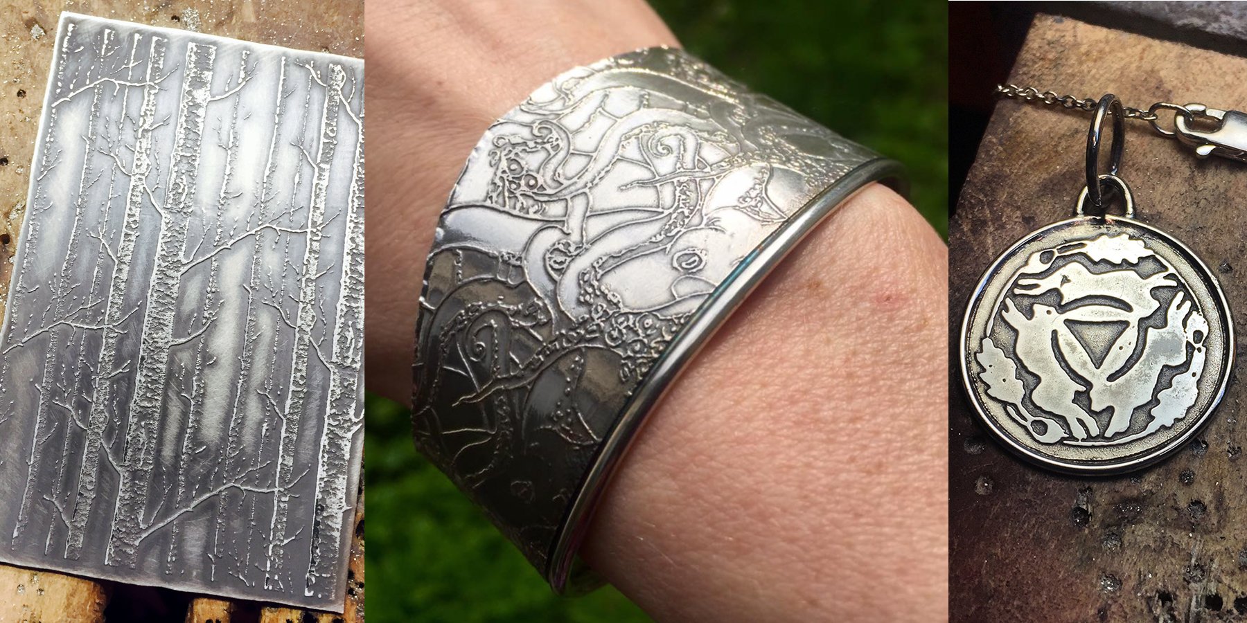 Three silver jewelry pieces with intricate tree and nature motifs: a textured rectangular pendant, a wide cuff bracelet with a tree design, and a round pendant necklace with a tree and a triangle at the center.