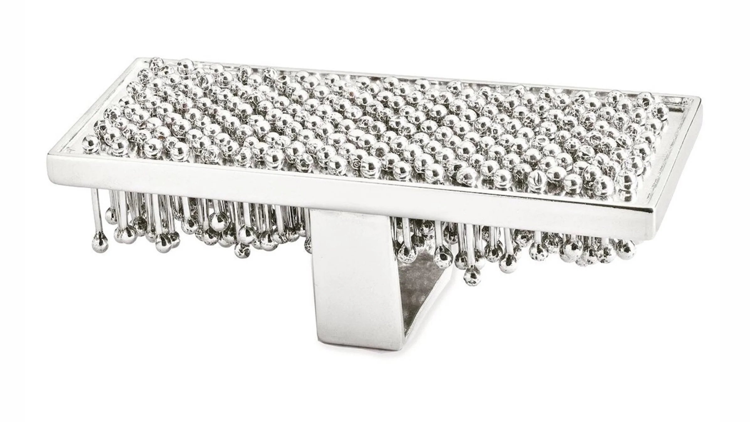 Silver ring with numerous shiny metal pins.