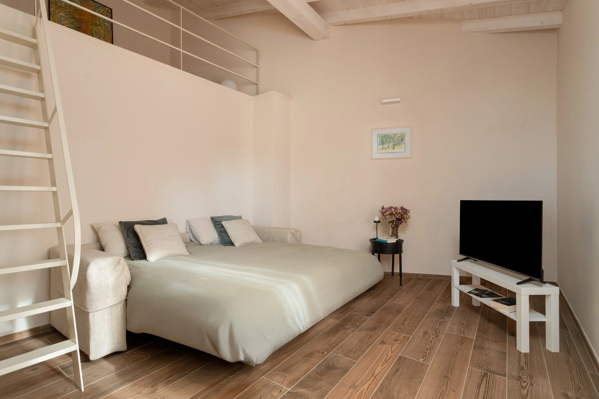 Camera moderna con divano letto, tavolino con fiori, TV su mensola bianca, pareti chiare e pavimento in legno