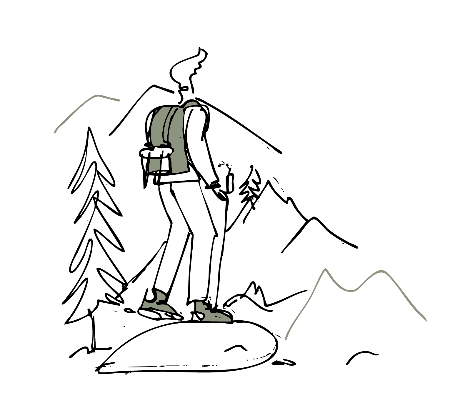 Illustrazione stilizzata di una montagna con un sentiero e tre figure di escursionisti con zaini, camminando alla base della montagna.