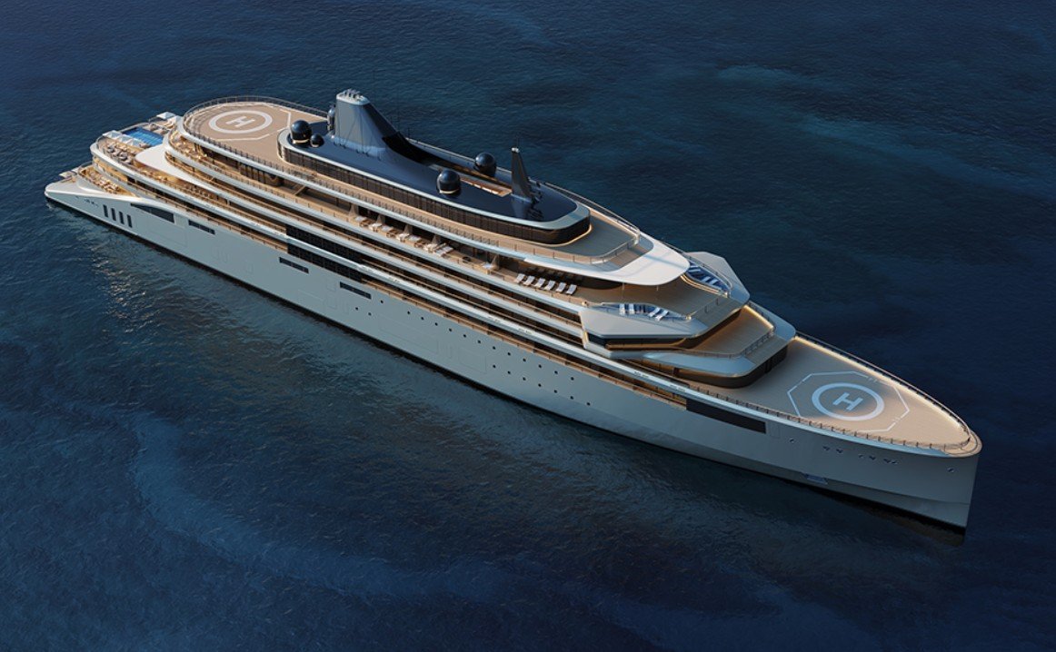 A luxury cruise ship sailing on the ocean with multiple decks and a helipad on the top deck.