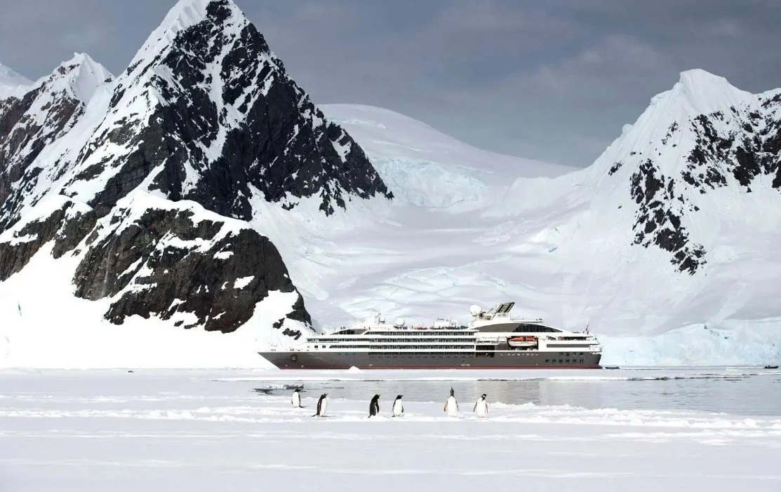 A cruise ship sailing through icy waters near snow-covered mountains and penguins on an ice floe.