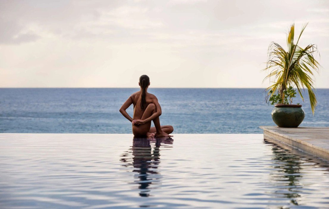 A person sits on the edge of an infinity pool overlooking the ocean, with a potted palm tree nearby.