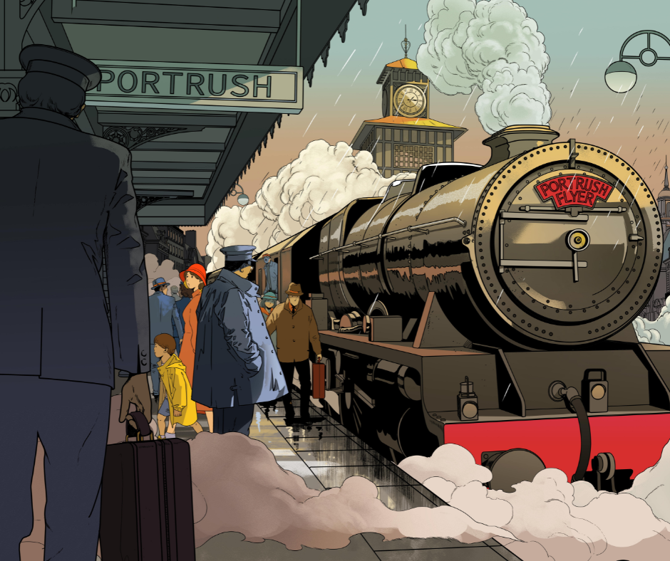 Vintage steam train arriving at Portrush train station on a rainy day, with passengers including children and adults in period clothing waiting on the platform.