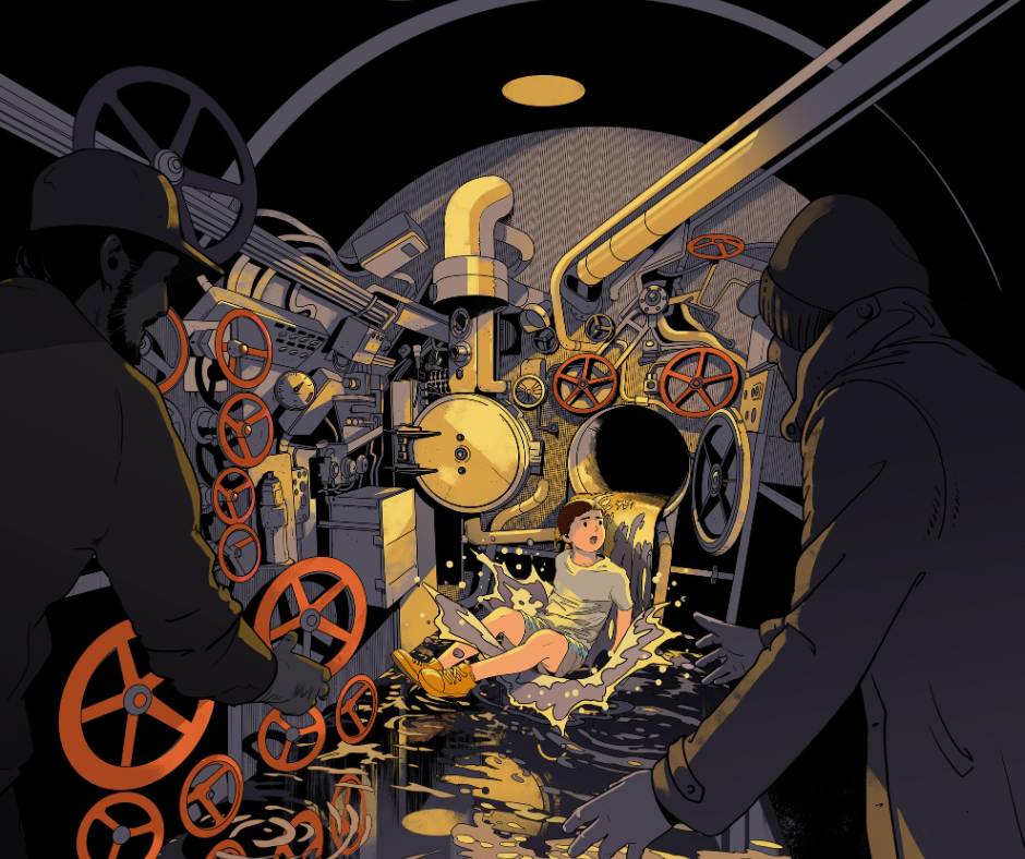 A girl is inside a submarine with two men, surrounded by numerous orange and gray control wheels and machinery, as water splashes around her.