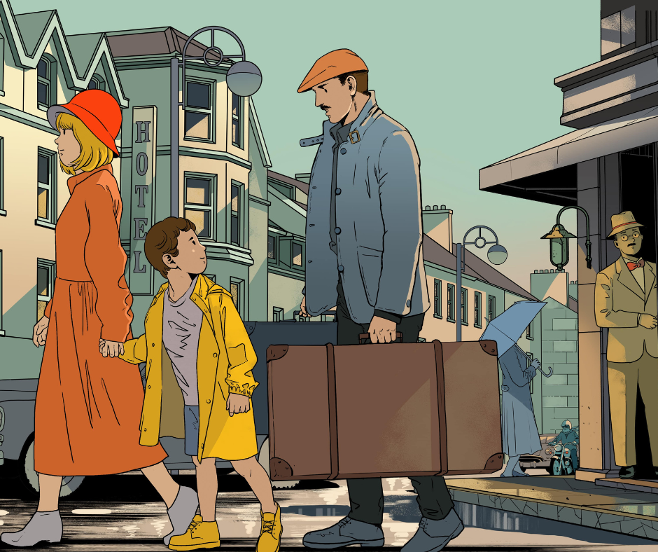 A street scene with a woman and child holding hands, a man with a suitcase, and a woman in a yellow coat in vintage clothing style, in front of hotels and shops in a city.