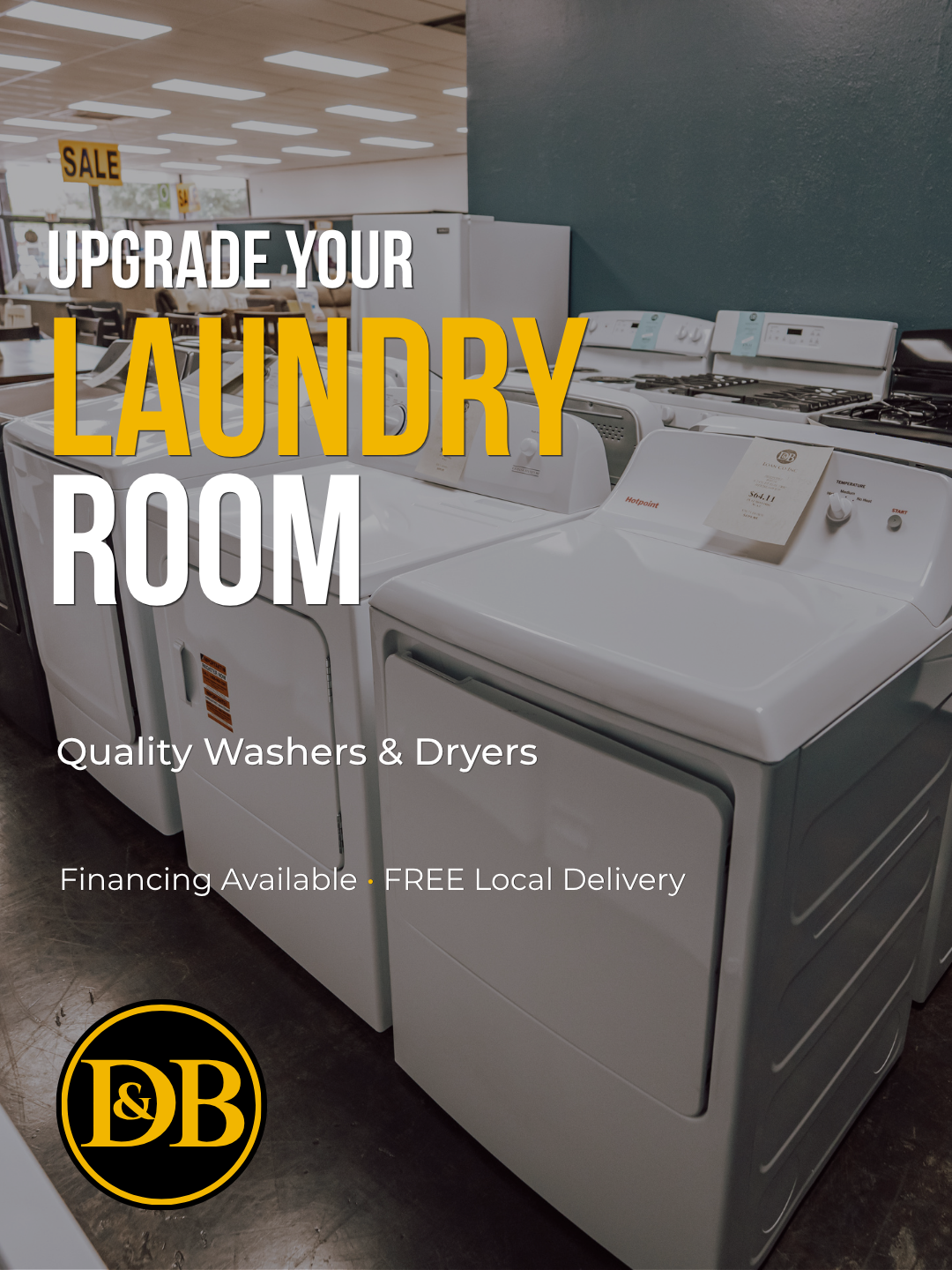 A store showroom displaying washing machines and dryers with sale signs in the background.