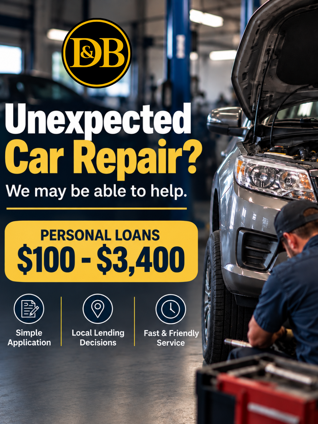 D&B Loans in Sulphur Springs, TX offers personal loans from $100 to $3,400 for unexpected expenses such as car repairs and auto repair costs.