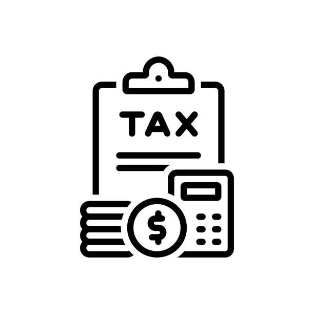 Icon of a tax form on a clipboard with a dollar sign, coins, and a calculator.