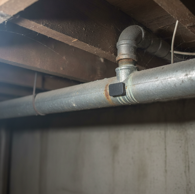 homeowner inspecting exposed galvanized steel pipe in unfinished basement