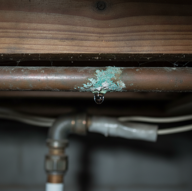 section of copper pipe showing green crusty stain and water droplet pinhole leak