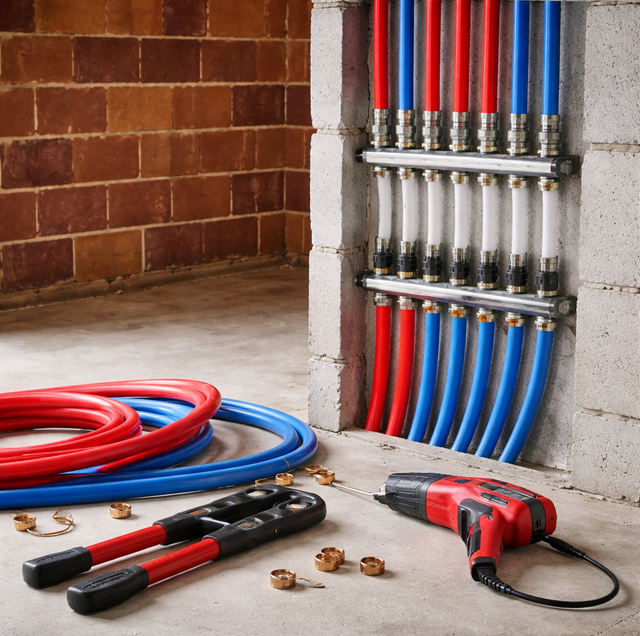 two coils of PEX piping one red one blue stacked in crawlspace