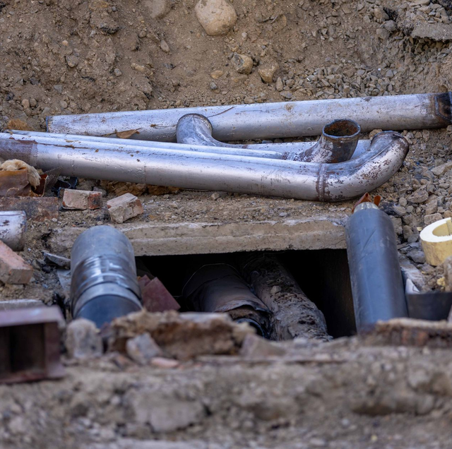 rusted underground pipe with wet lawn failing water service