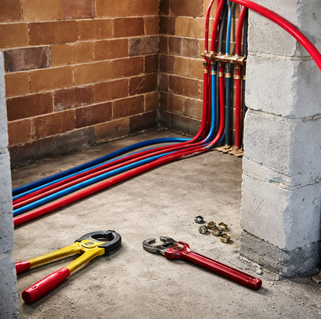 drywall dust over open walls with copper pipes and tools
