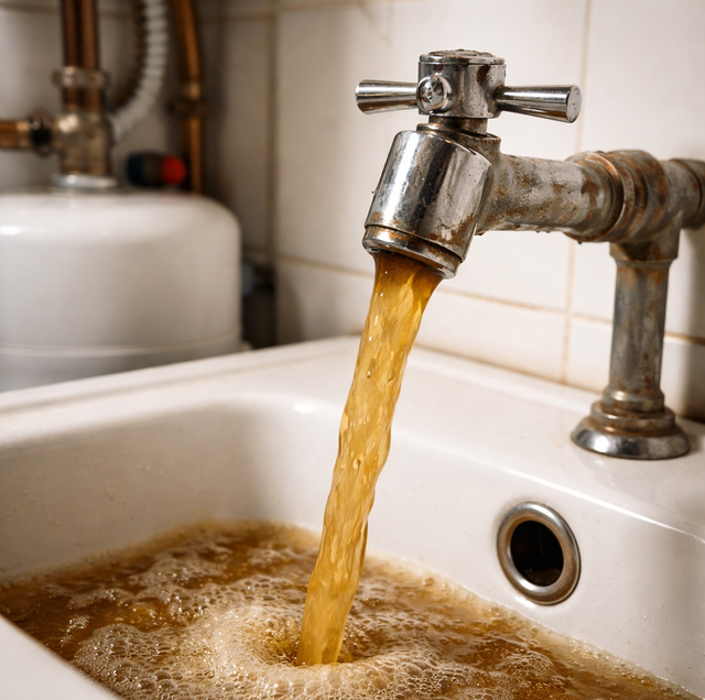 glass filled with cloudy brown tap water held near kitchen sink