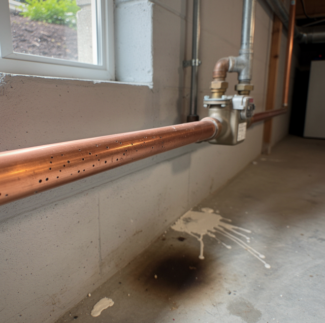 corroded galvanised pipe with patch leaking at elbow joint