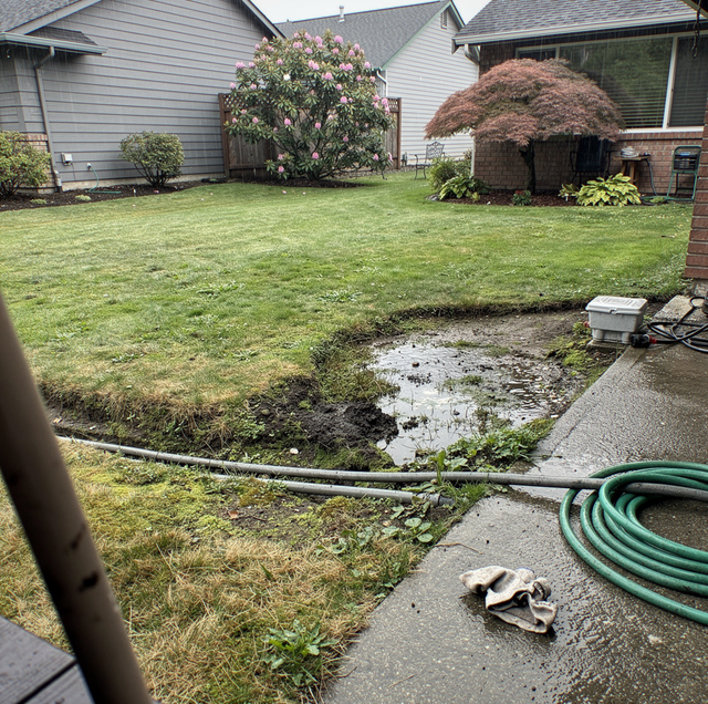 trench excavation beside residential driveway with old water pipe
