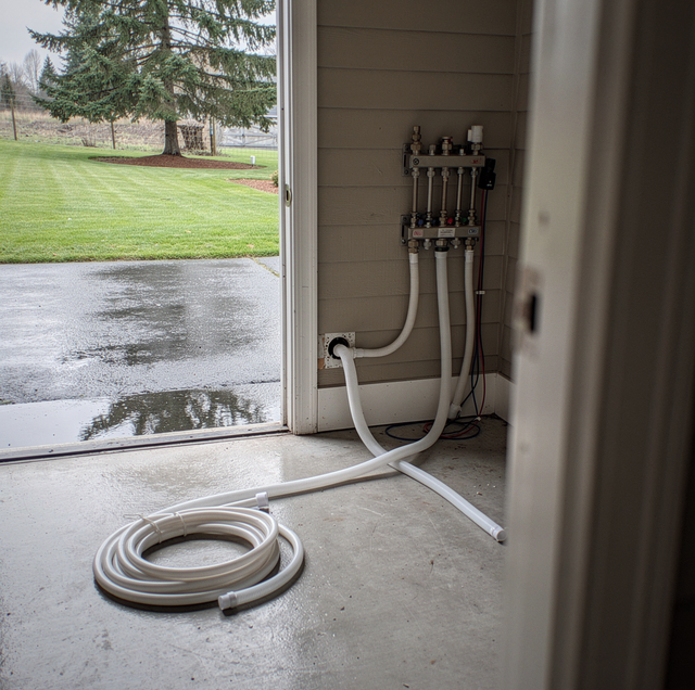 White tubing and coiled hose on a concrete garage floor with a wall-mounted manifold visible inside.