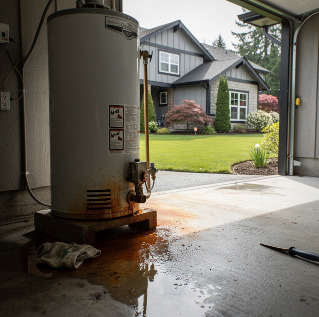 Rusted aging residential water heater tank leaking in basement