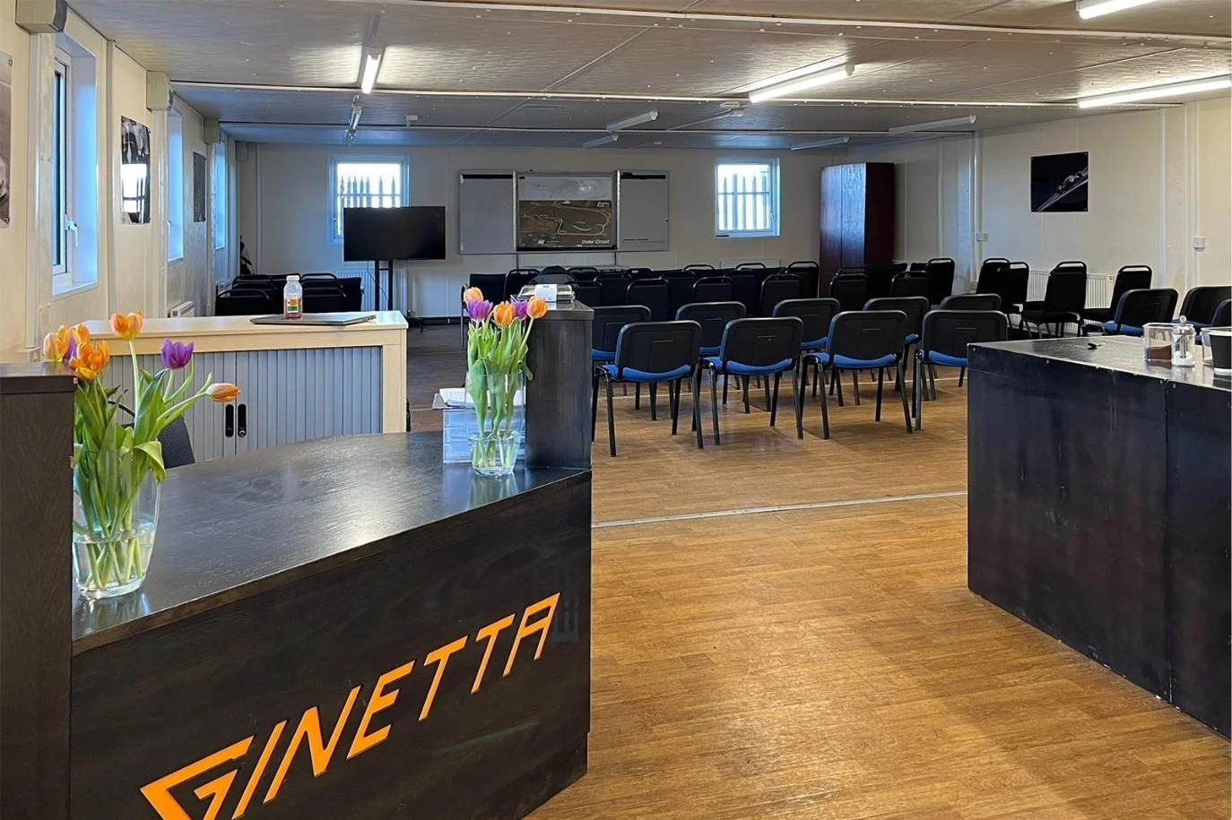 An indoor conference room used for driver briefings during corporate events, at Blyton Park race track, Gainsborough