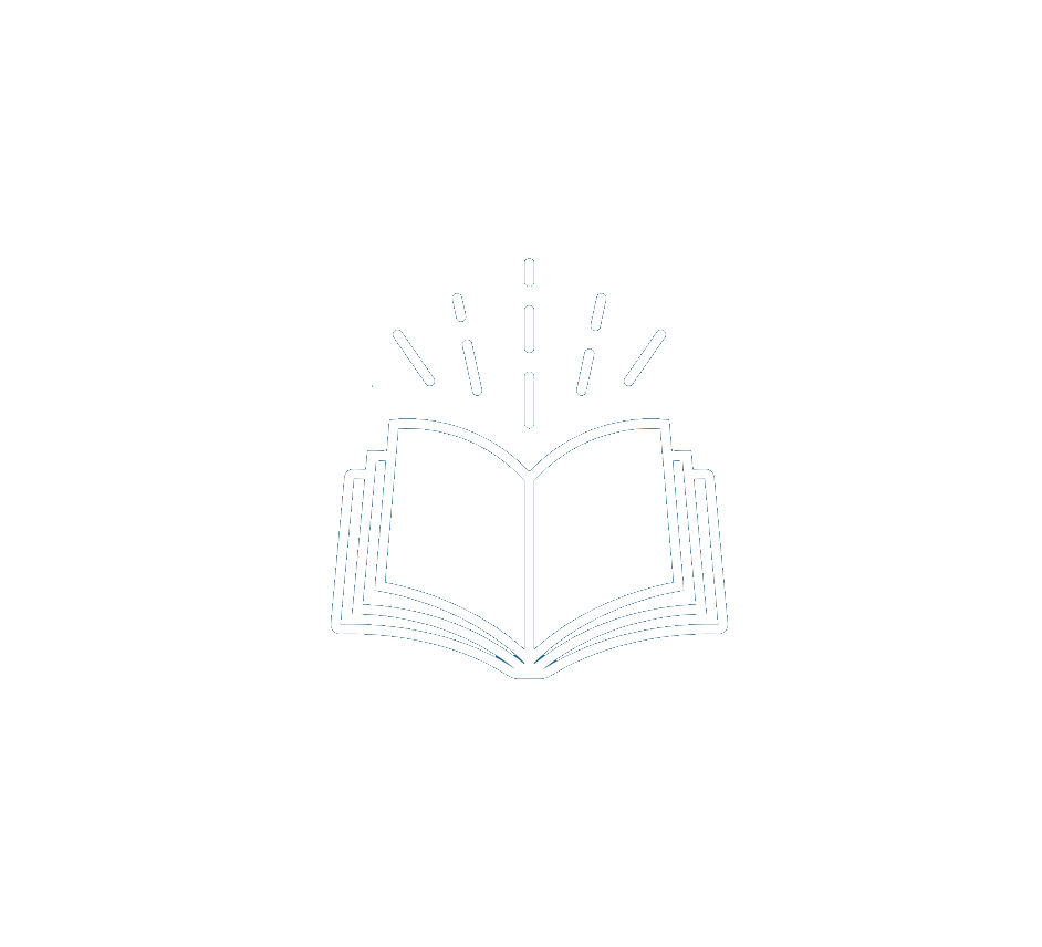 Outline of an open book with lines and rays emanating from it on a black background.