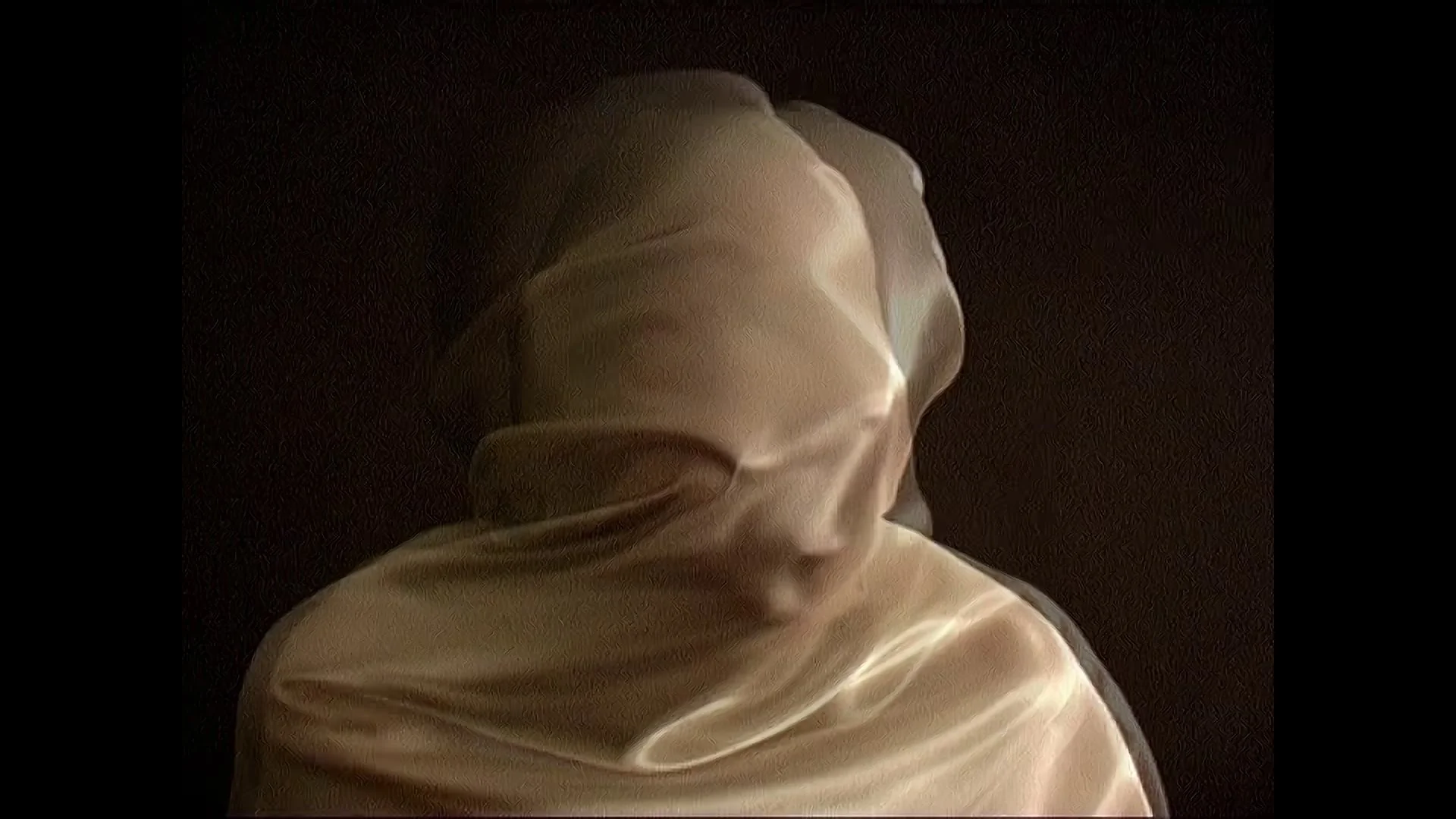 An abstract figure wrapped in beige fabric against a dark background