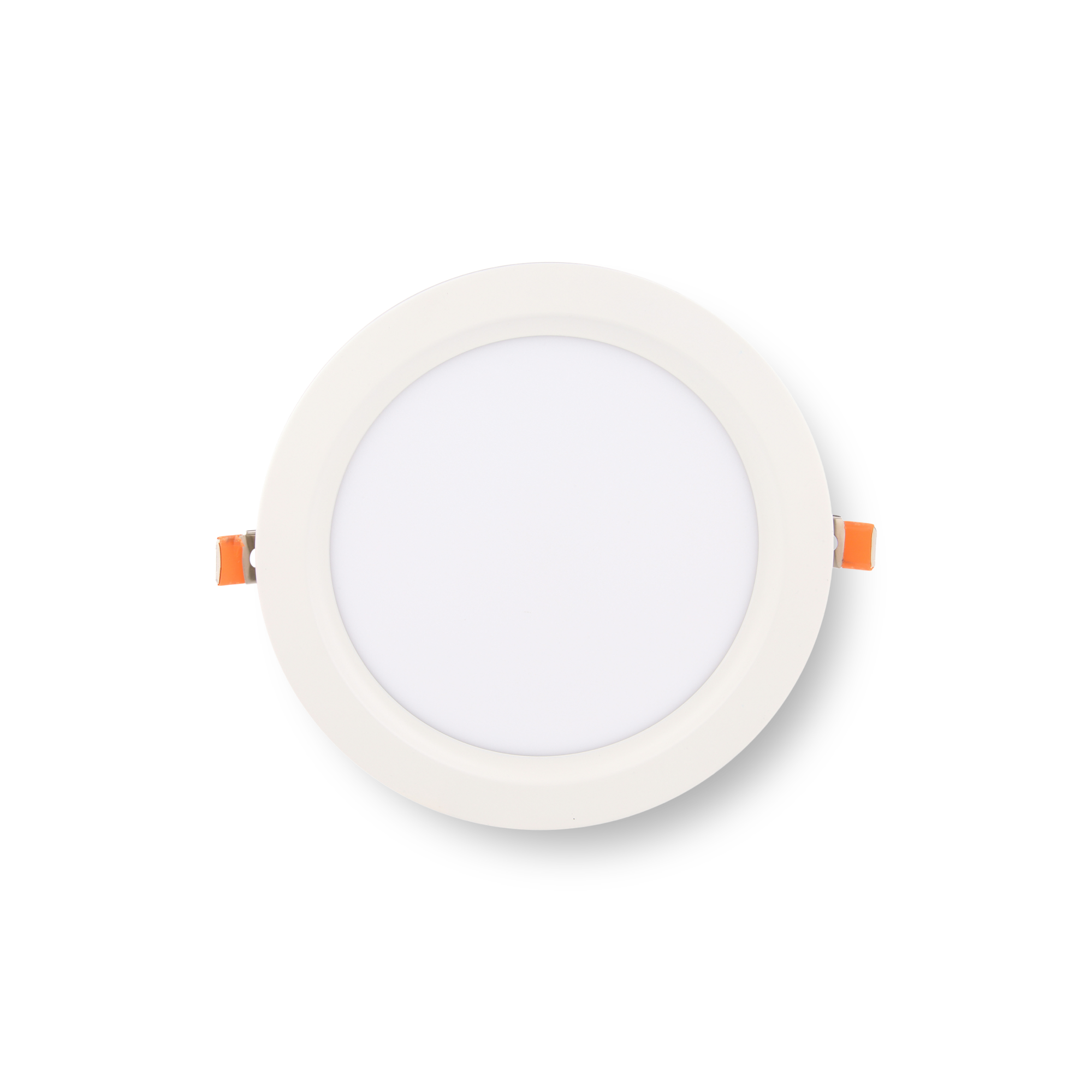 Round LED recessed ceiling light with white frame against black background.