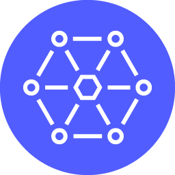 A digital illustration of a science or chemical structure, featuring a central hexagon connected to surrounding circles and lines on a blue background.