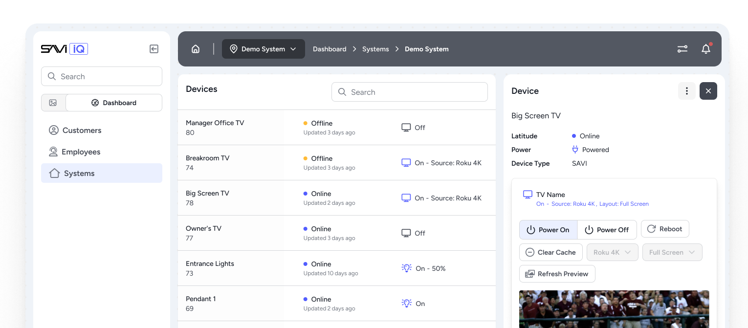 Dashboard interface of a smart TV management system with device statuses, controls, and a live video preview, illustrating system management options.