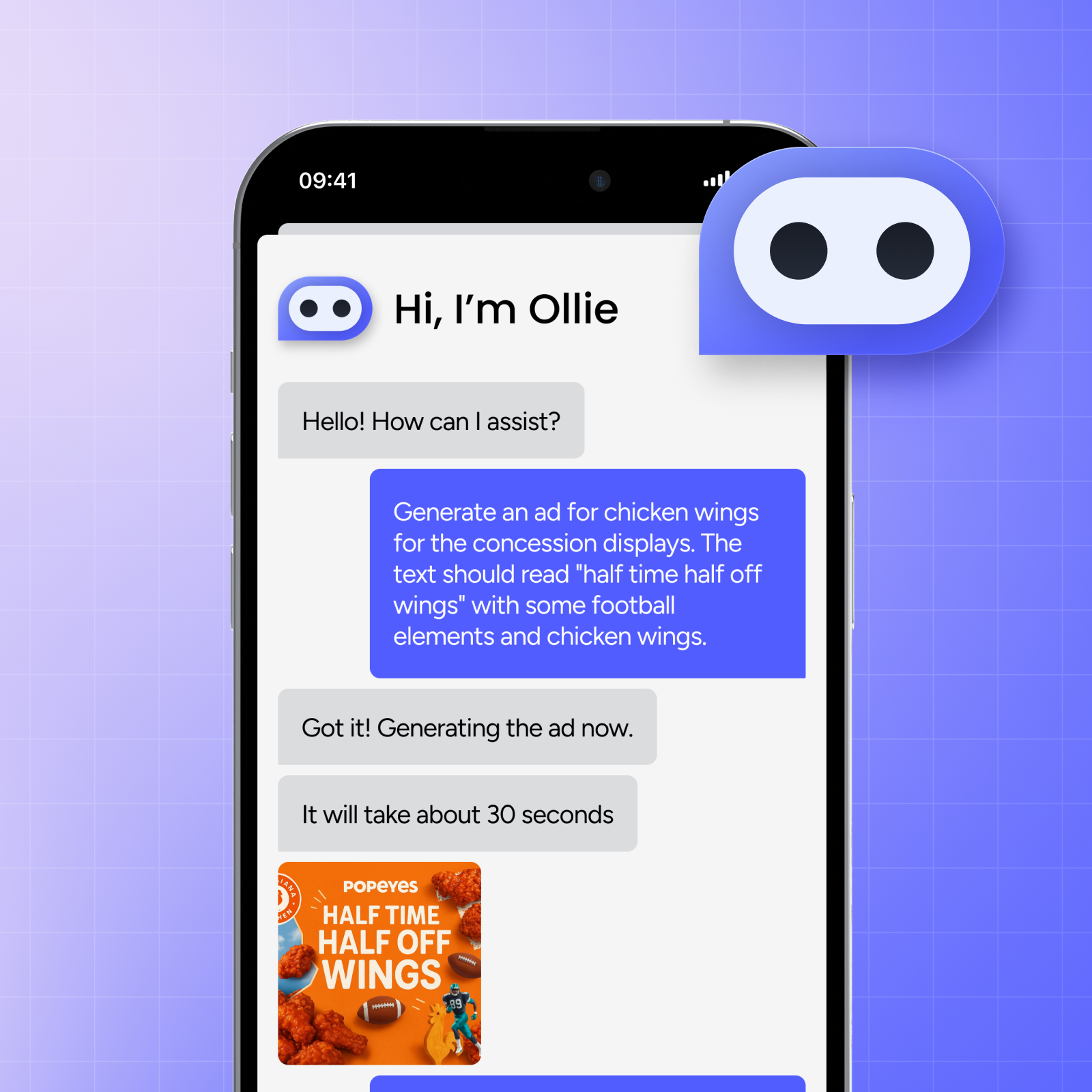 A smartphone screen showing a conversation with an AI assistant named Ollie. The chat includes a request to generate an ad for Popeyes chicken wings with football elements, featuring an orange poster with chicken wings, footballs, and text reading 'Half Time Half Off Wings' and a football player.
