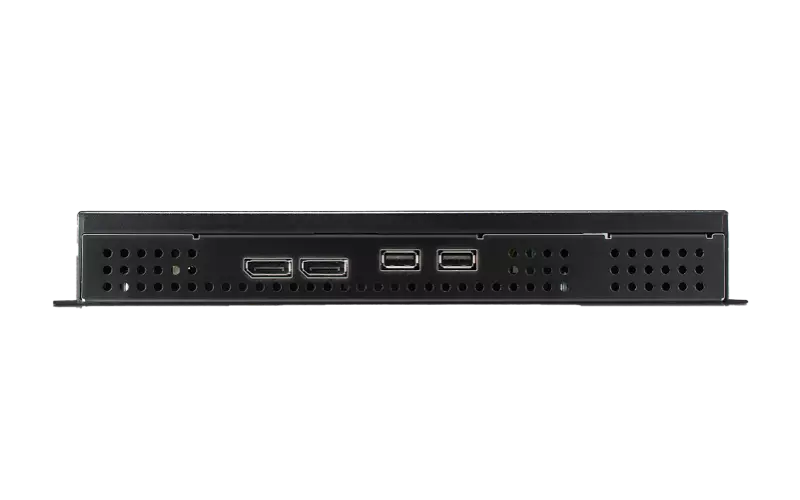 Side view of a black electronic device with multiple port connections and ventilation holes.