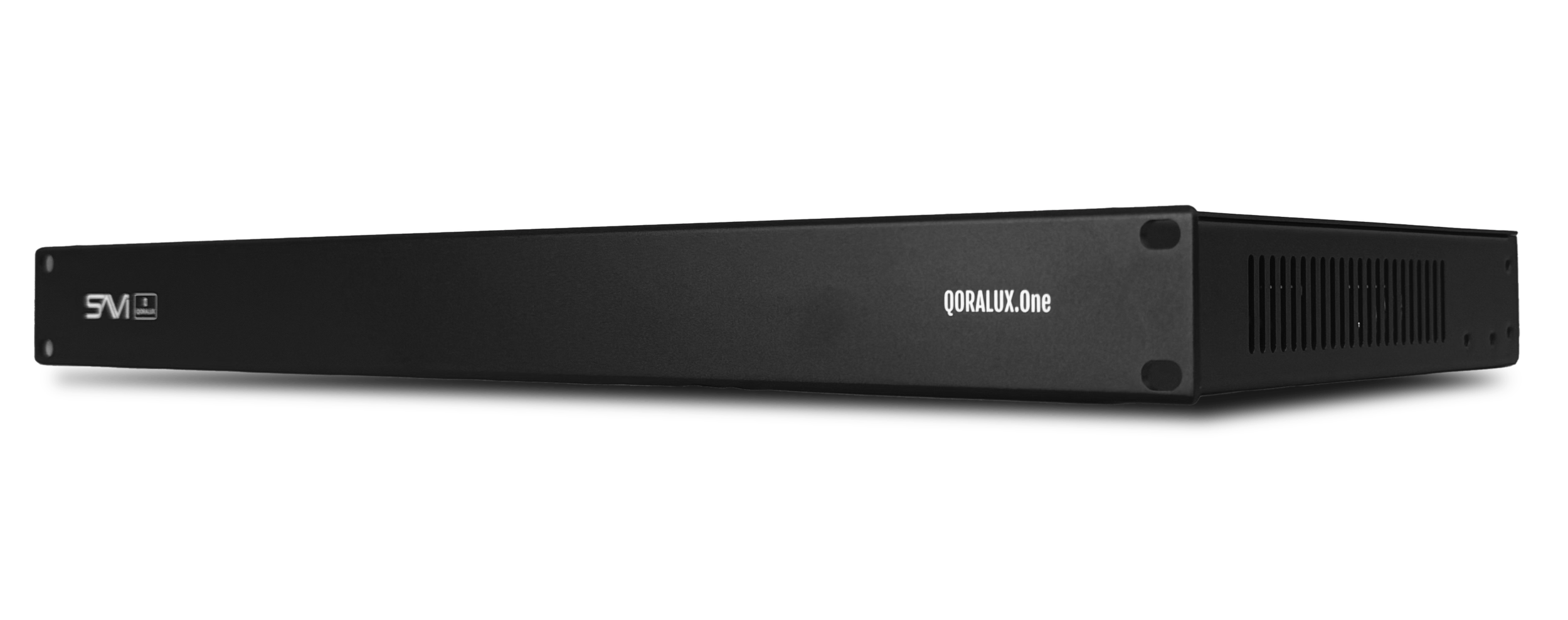 A black rectangular electronic device with a vented side panel and the words "QORALUX.One" and "SML" printed on the front