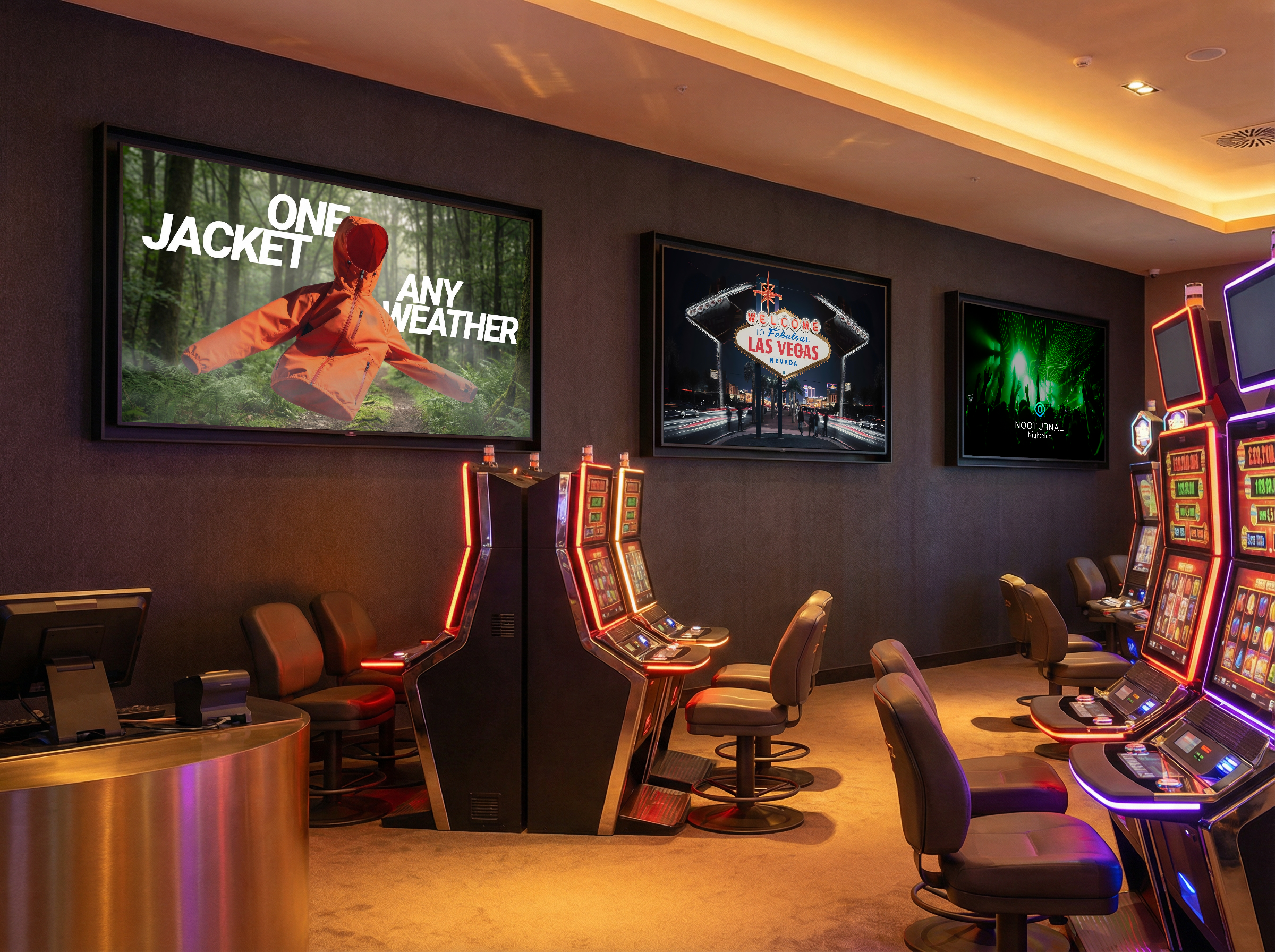 Three displays on a casino wall showing advertisments