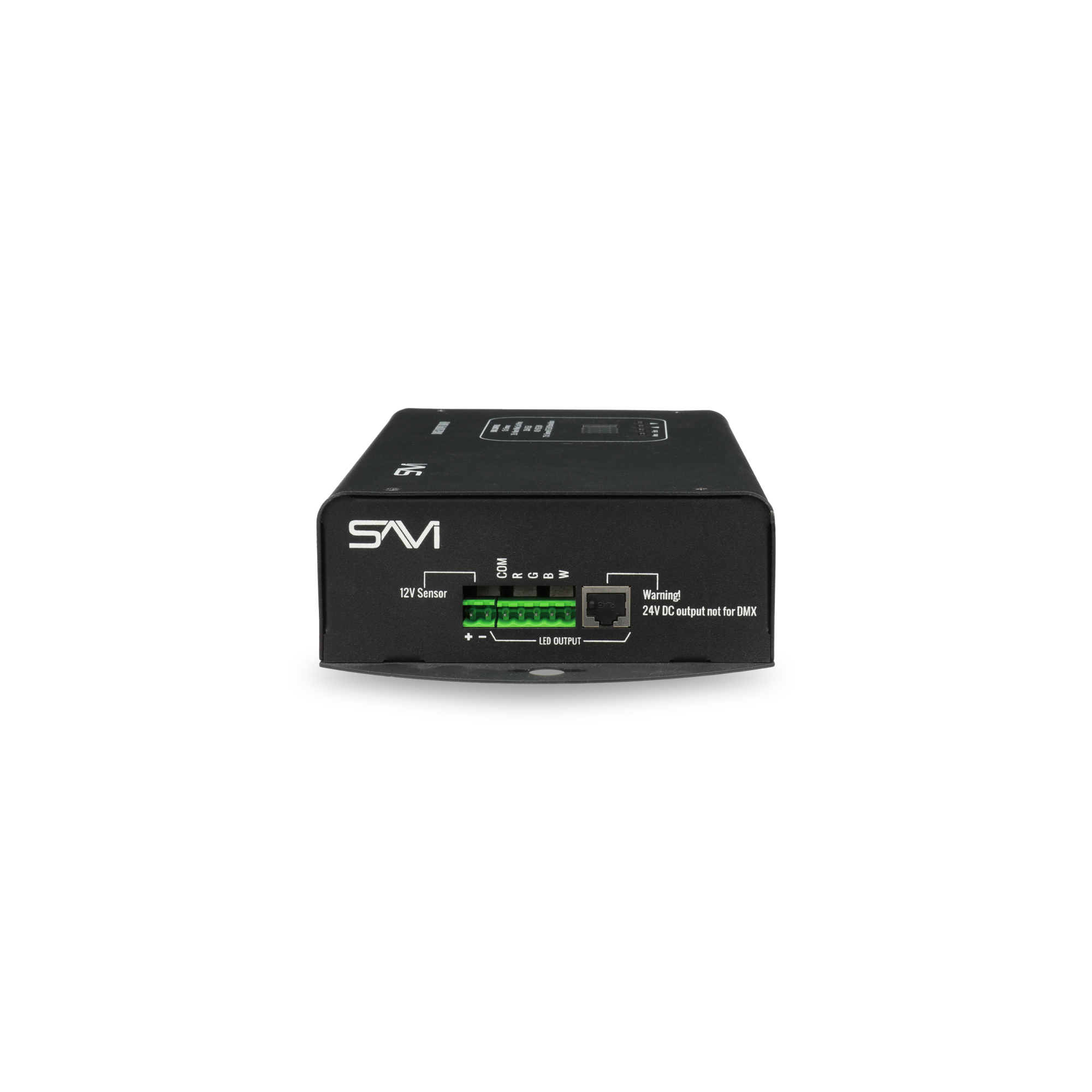 Black electronic device with green terminal, logo, and labels, used for building automation or lighting control.