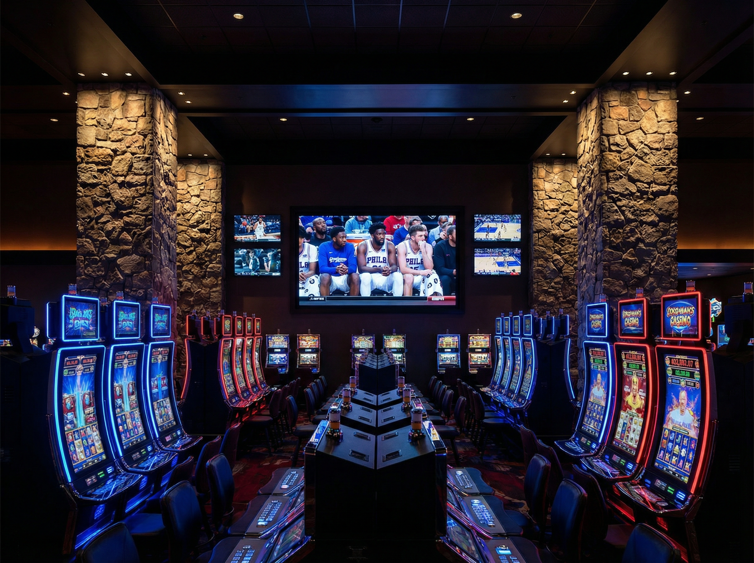 A Casino with displays on a wall showing a basketball game