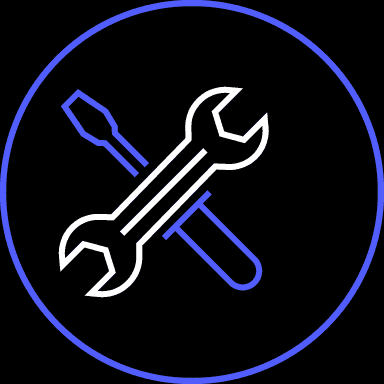 Icon of a wrench and screwdriver crossed inside a blue circle on a black background.